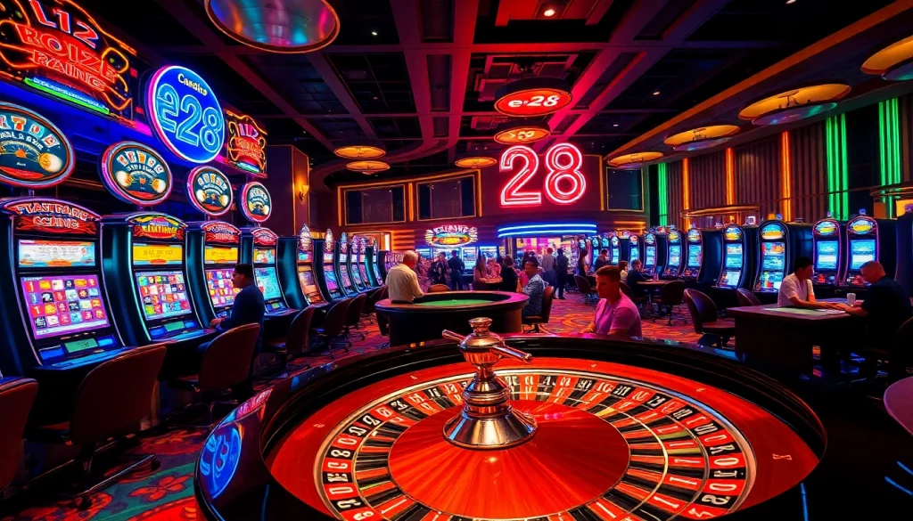 e28 shines in a bustling casino scene with players at roulette and poker tables.