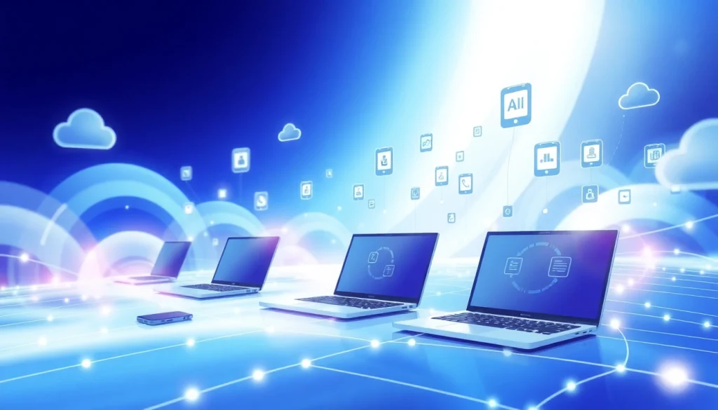 Engage with https://awin68.cloud/ through a vibrant cloud computing illustration showcasing interconnected devices.