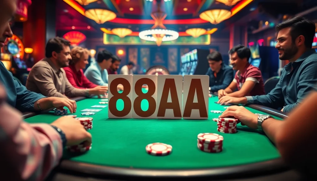 Players enjoy an intense poker game featuring 88AA chips and cards, showcasing the excitement of the casino.