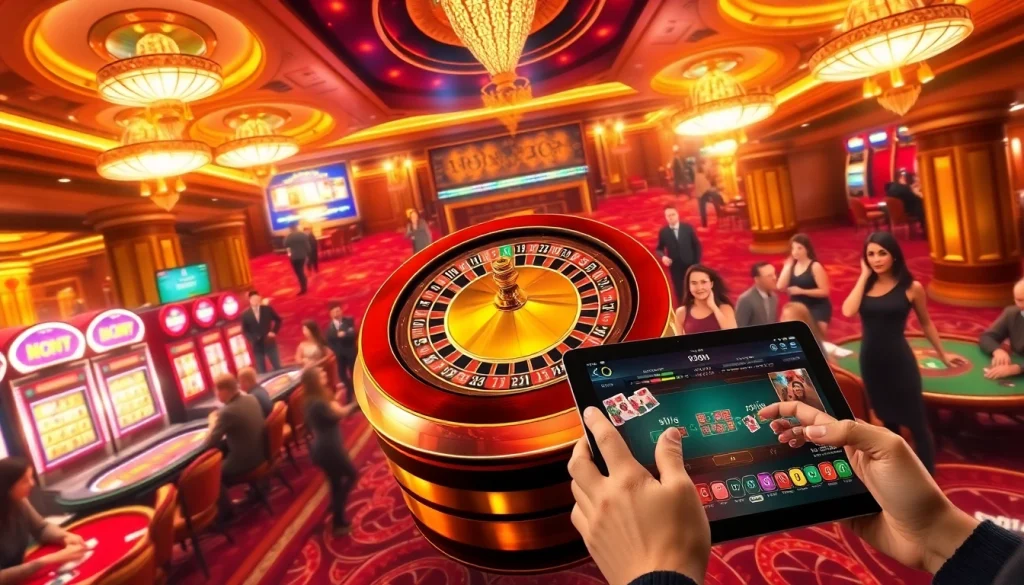 Players enjoying a thrilling game at NgonClub, featuring a lively roulette wheel and poker tables.