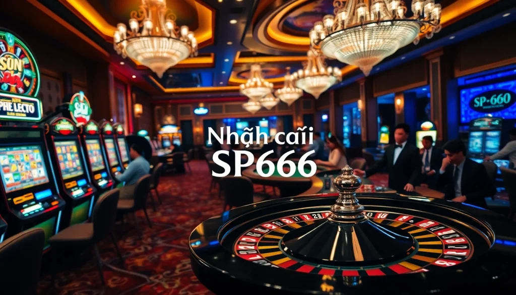 Experience the thrilling atmosphere of Nhà cái SP666's vibrant casino floor, filled with slot machines and a lively poker table.