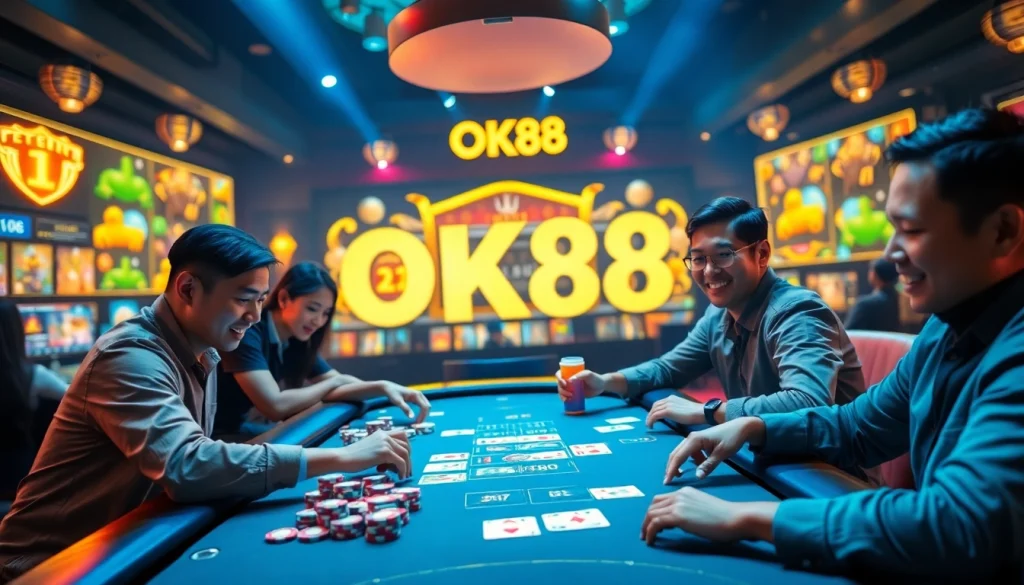 Engaging scene of Nhà cái OK88 showcasing vibrant digital gaming elements for online betting.