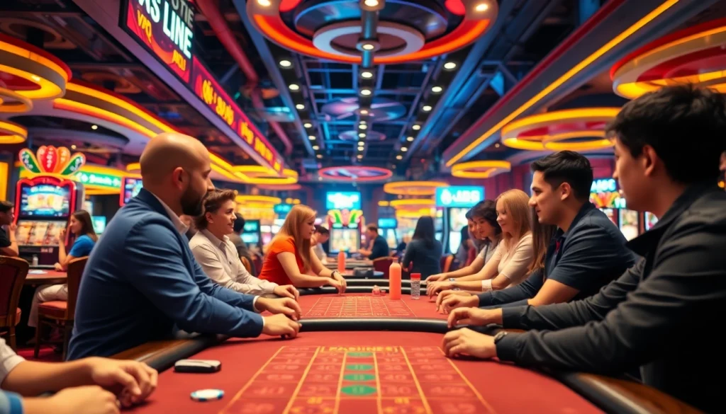 Engaged players at Nhà cái OK88 in a vibrant casino environment filled with excitement.