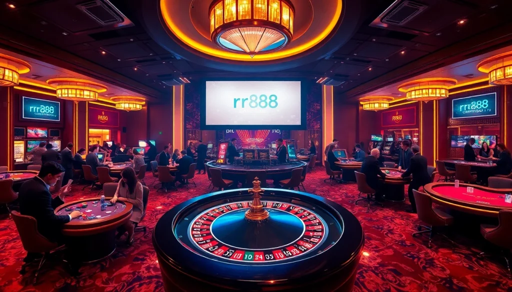 Experience the thrilling atmosphere of RR88 com at a glamorous casino, where players bet at a roulette table.