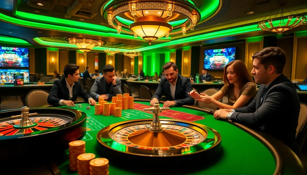 Players engaging at a luxurious casino table featuring rikvip-themed poker chips and decorative roulette wheel.