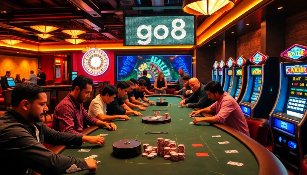 Go8 casino setting with players at intense poker table and roulette wheel, capturing thrilling betting atmosphere.
